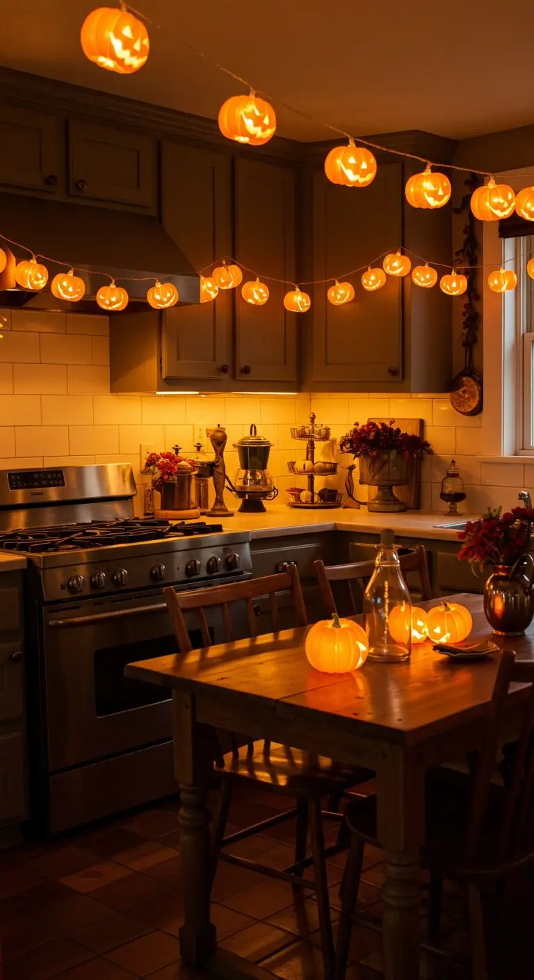 13 Halloween Decor Ideas for Your Kitchen to Set the Spooky Mood 4 Hang Spooky String Lights for a Haunted Glow