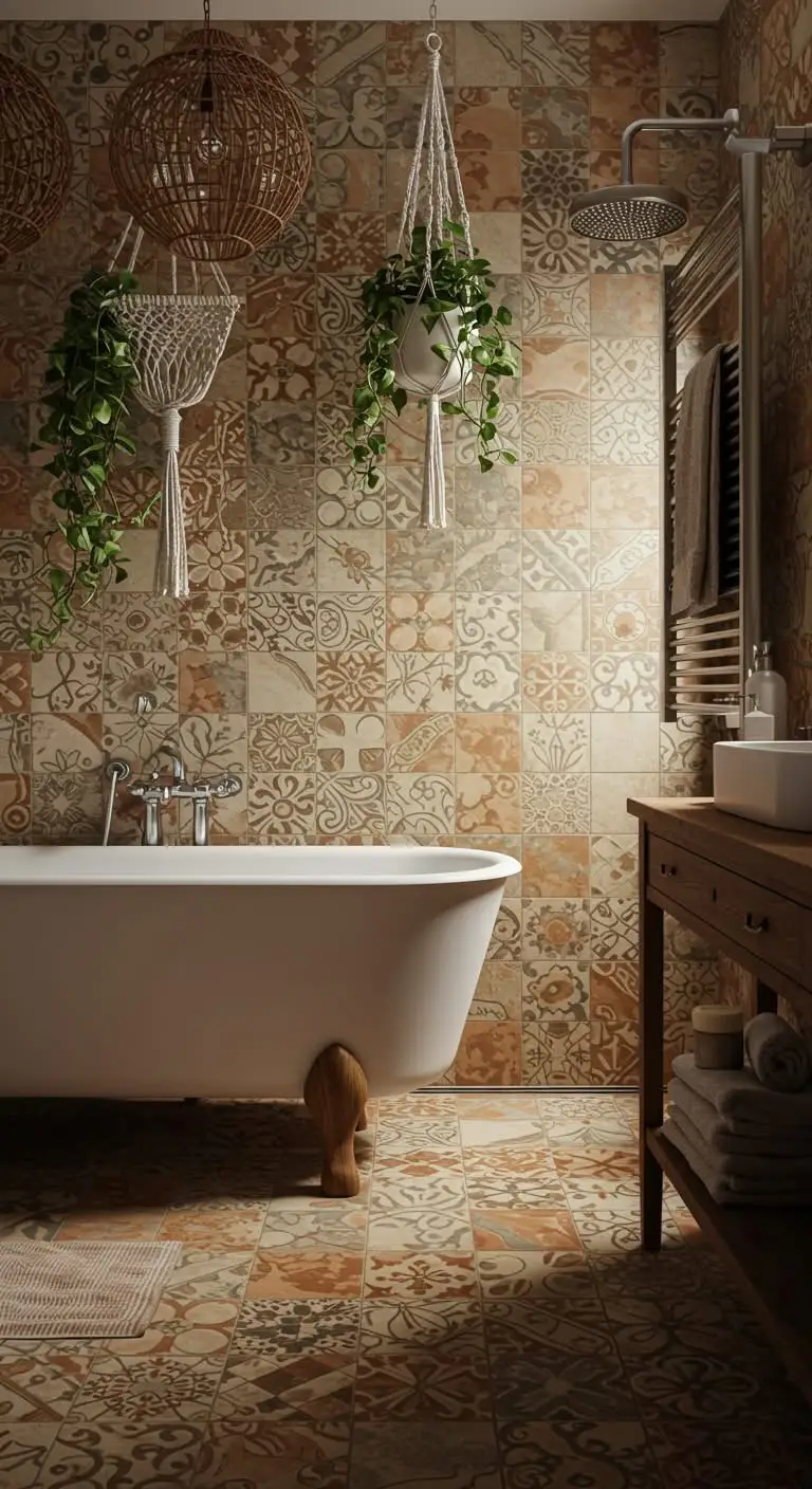 11 Boho Bathroom Ideas for a Relaxing and Stylish Look 3 1. Add Earthy Tones with Patterned Tiles