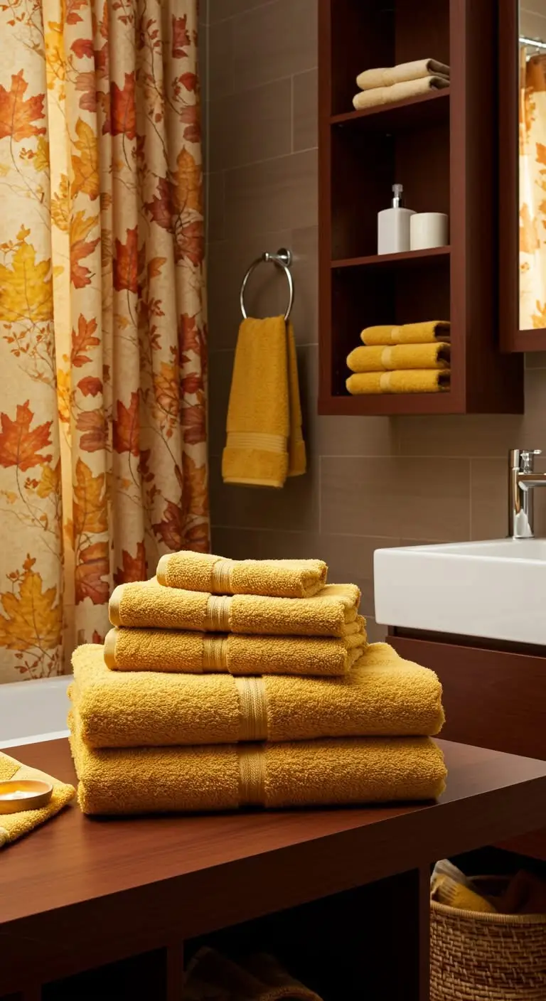 15 Cozy Fall Bathroom Decorating Ideas to Try 3 1. Add Warm-Toned Towels and Linens