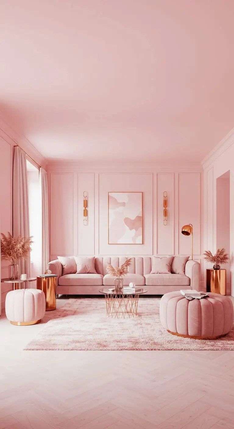 13 Chic Pink Living Room Decor Ideas 3 1. Blush-Toned Sofas