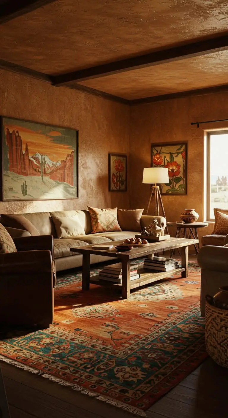 15 Warm and Rustic Southwestern Living Room Ideas 3 1. Bold and Beautiful Rugs