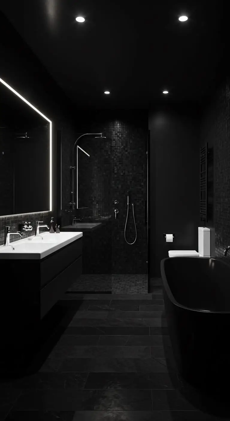 15 Bold Dark Bathroom Ideas for a Dramatic Effect 3 1. Go All-In with Black Walls