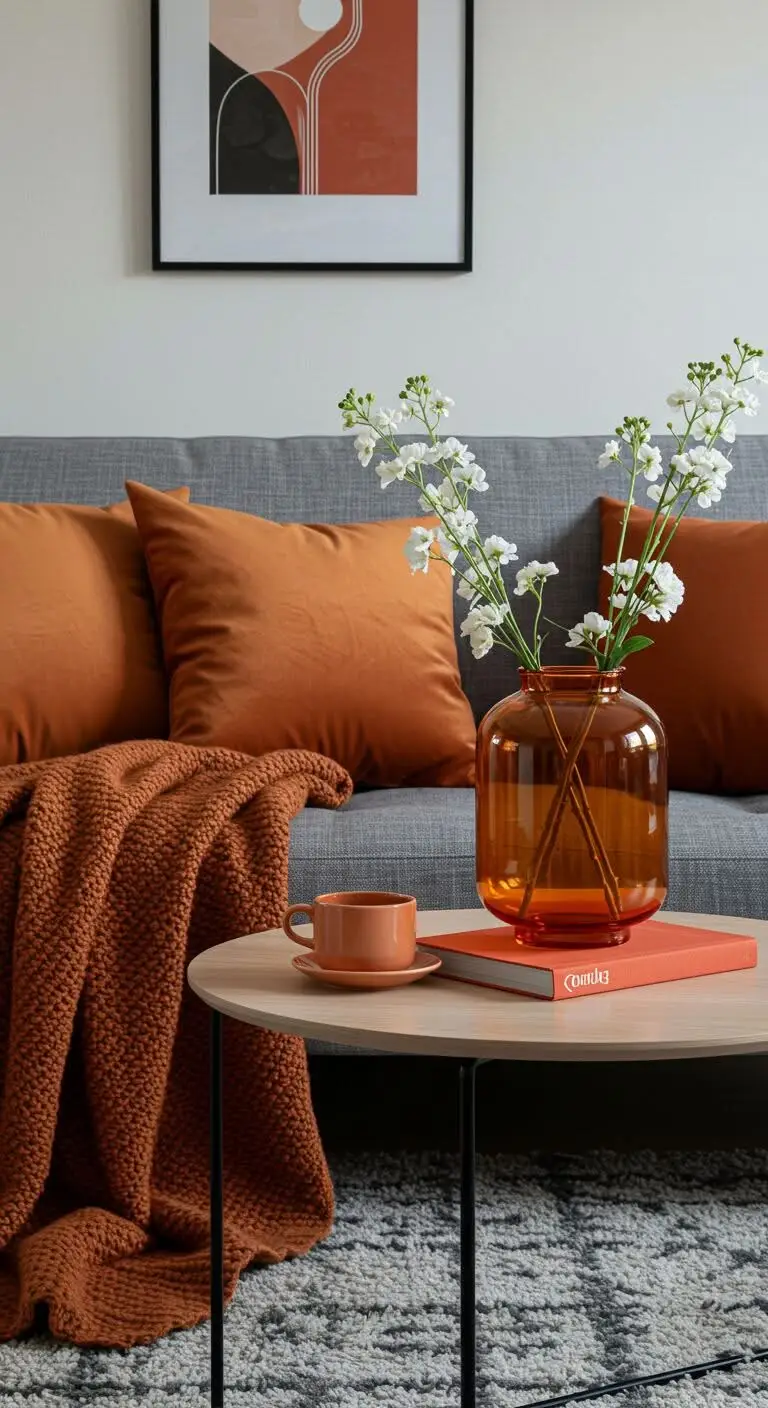 15 Bright and Stylish Orange Living Room Decor Ideas 2 1. Layer Orange Accents