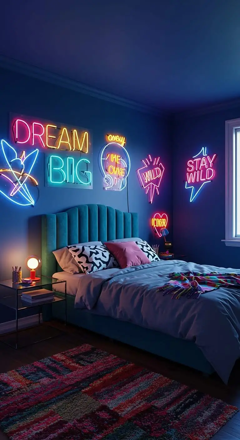 15 Trendy Neon Bedroom Ideas for a Bold Look 3 1. Make a Statement with Neon Signs