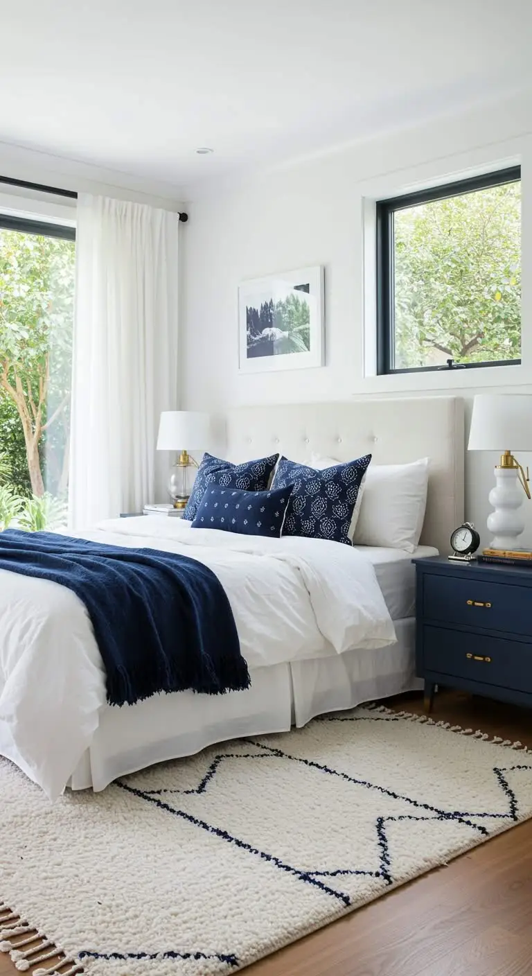 15 Beautiful Bedroom Color Combinations to Try 3 1. Navy and White