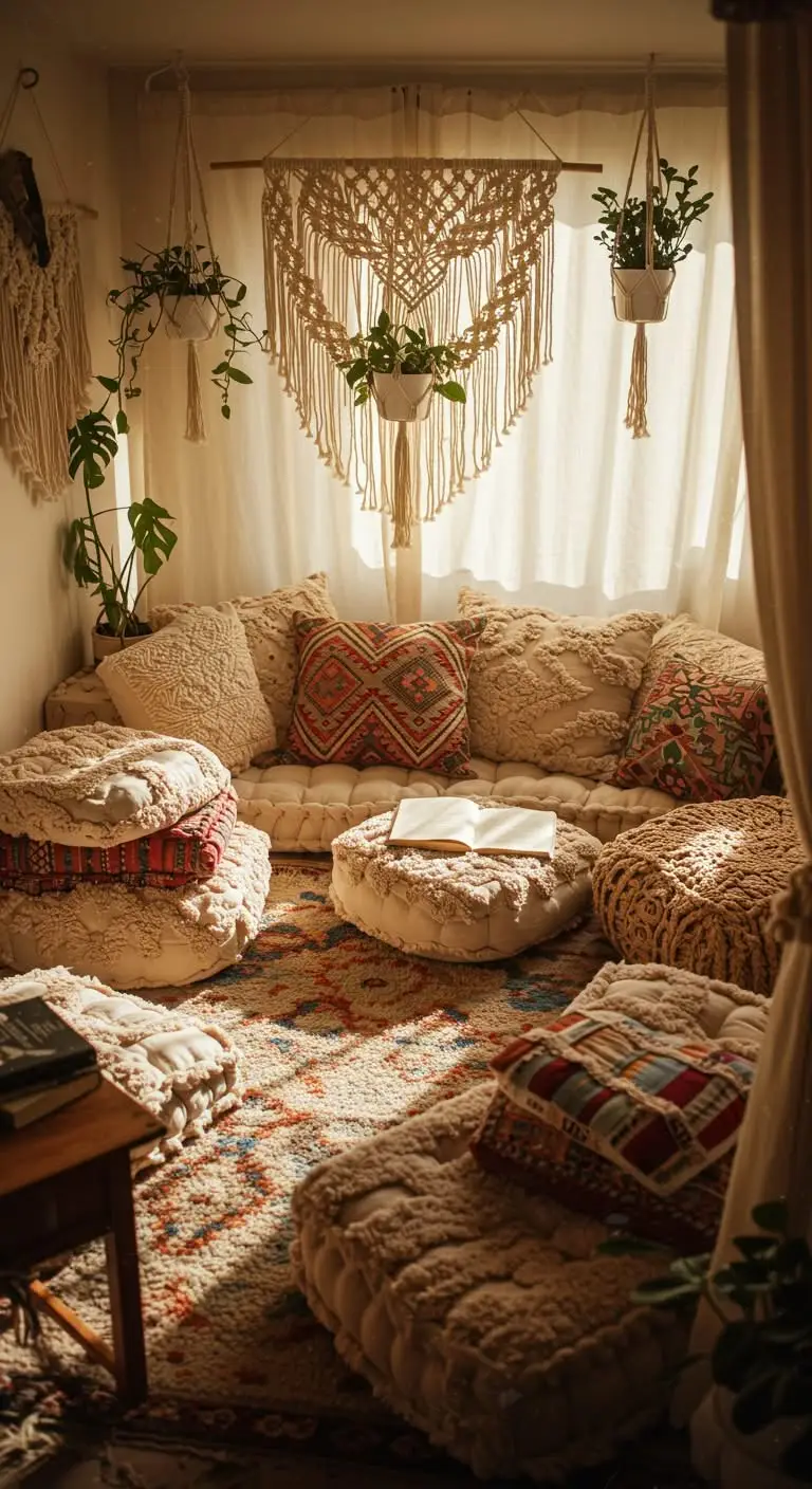 13 Cozy Boho Reading Nook Ideas for Book Lovers 2 1. The Floor Cushion Wonderland