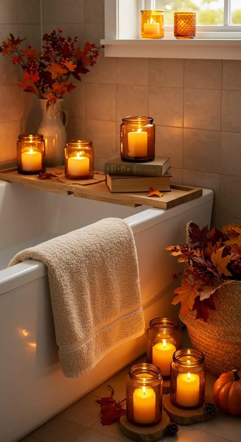 15 Cozy Fall Bathroom Decorating Ideas to Try 12 10. Bring in Fall Lighting Accents