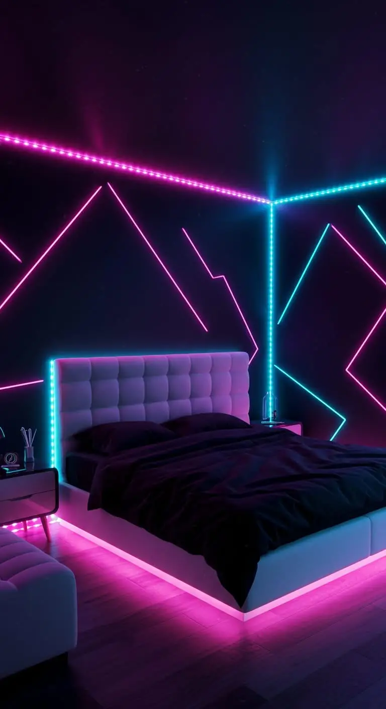 15 Trendy Neon Bedroom Ideas for a Bold Look 4 2. Add LED Strips for a Futuristic Glow