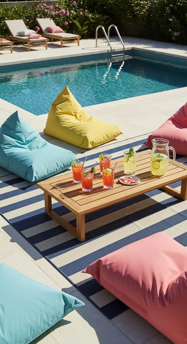 13 Inflatable Pool Deck Ideas to Upgrade Your Outdoor Fun 4 2. Add Lounge Zones With Outdoor Rugs