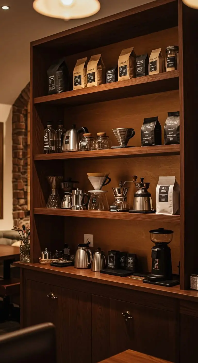 11 Kafe Aesthetic Ideas for a Cozy Coffee Spot 4 2. Add a Built-In Coffee Shelf