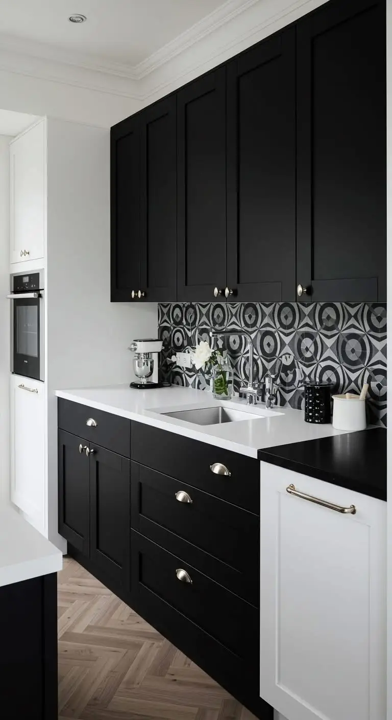 11 Stunning Black and White Kitchen Ideas for a Classic Look 6 2. Add a Two-Tone Feel with a Patterned Backsplash