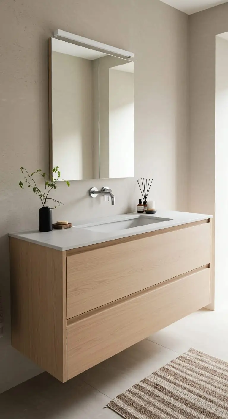 13 Minimalist Japandi Bathroom Vanity Ideas for a Zen Feel 4 2. Floating Japandi Vanity for an Open Feel