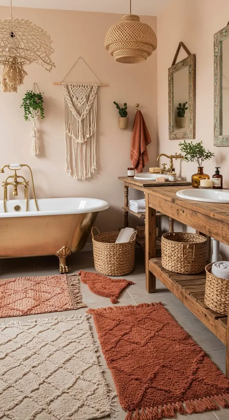 11 Boho Bathroom Ideas for a Relaxing and Stylish Look 4 2. Incorporate Textured Rugs and Mats