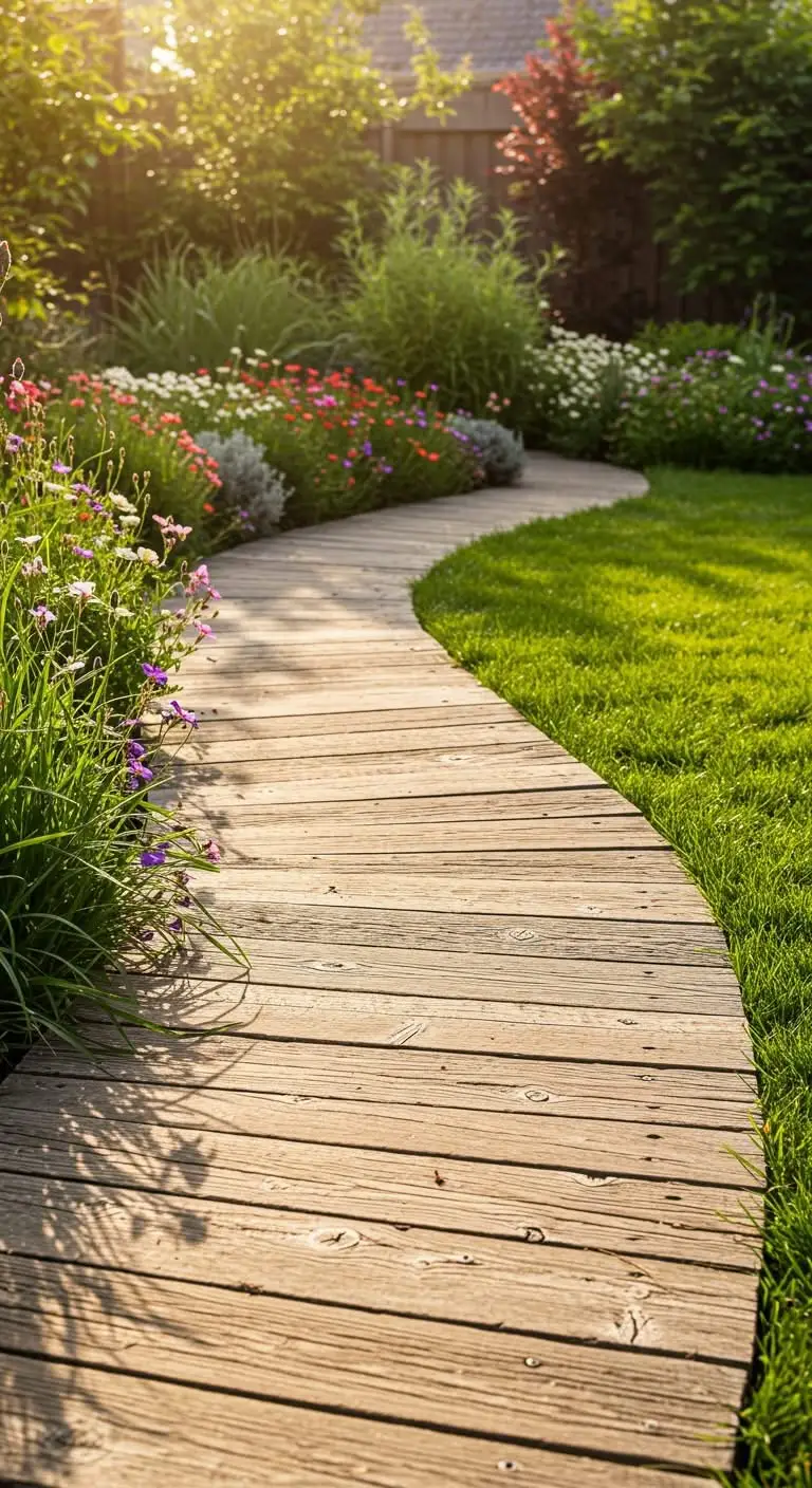 11 Stylish Backyard Walkway Ideas to Elevate Your Garden 4 2. Wood Plank Trail