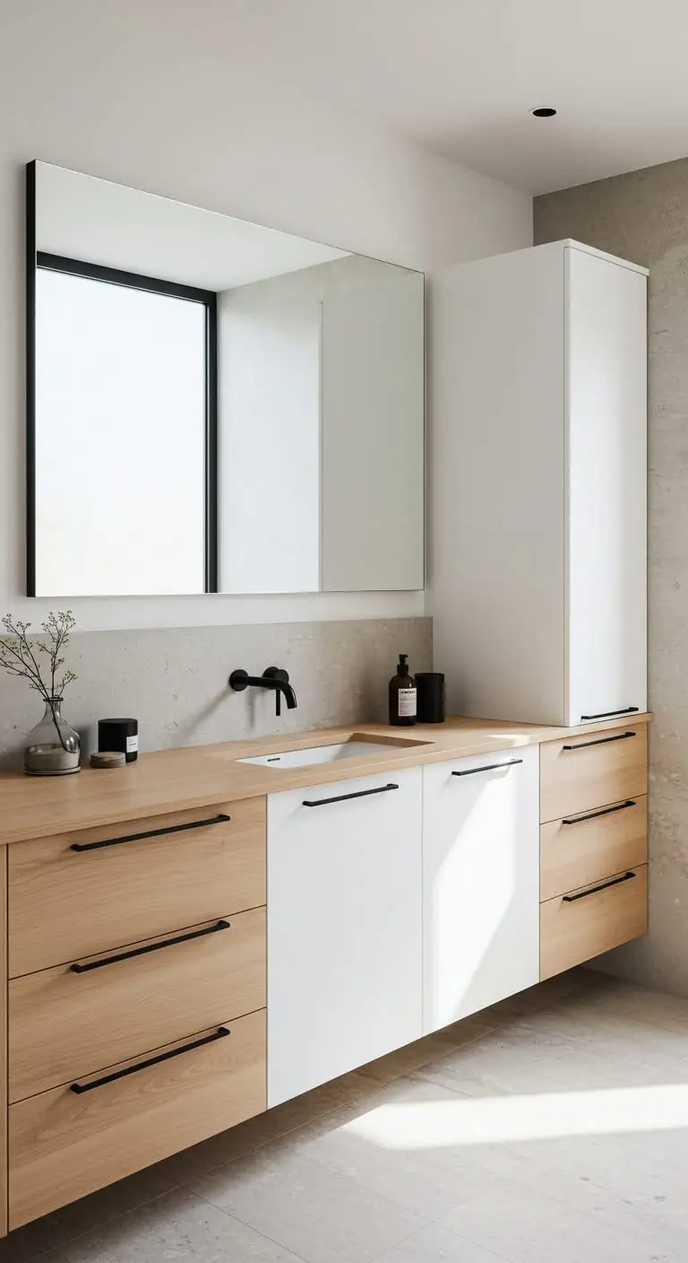 13 Minimalist Japandi Bathroom Vanity Ideas for a Zen Feel 5 3. Add Black Accents for Contrast