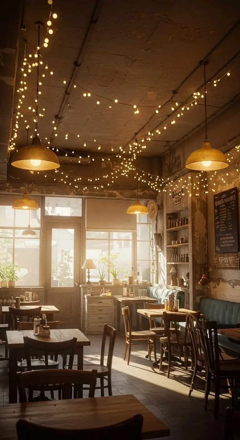 11 Kafe Aesthetic Ideas for a Cozy Coffee Spot 5 3. Brighten with String Lights or Pendants
