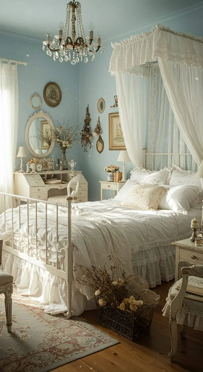 13 Elegant Blue and White Bedroom Ideas 5 3. Cottagecore Dream