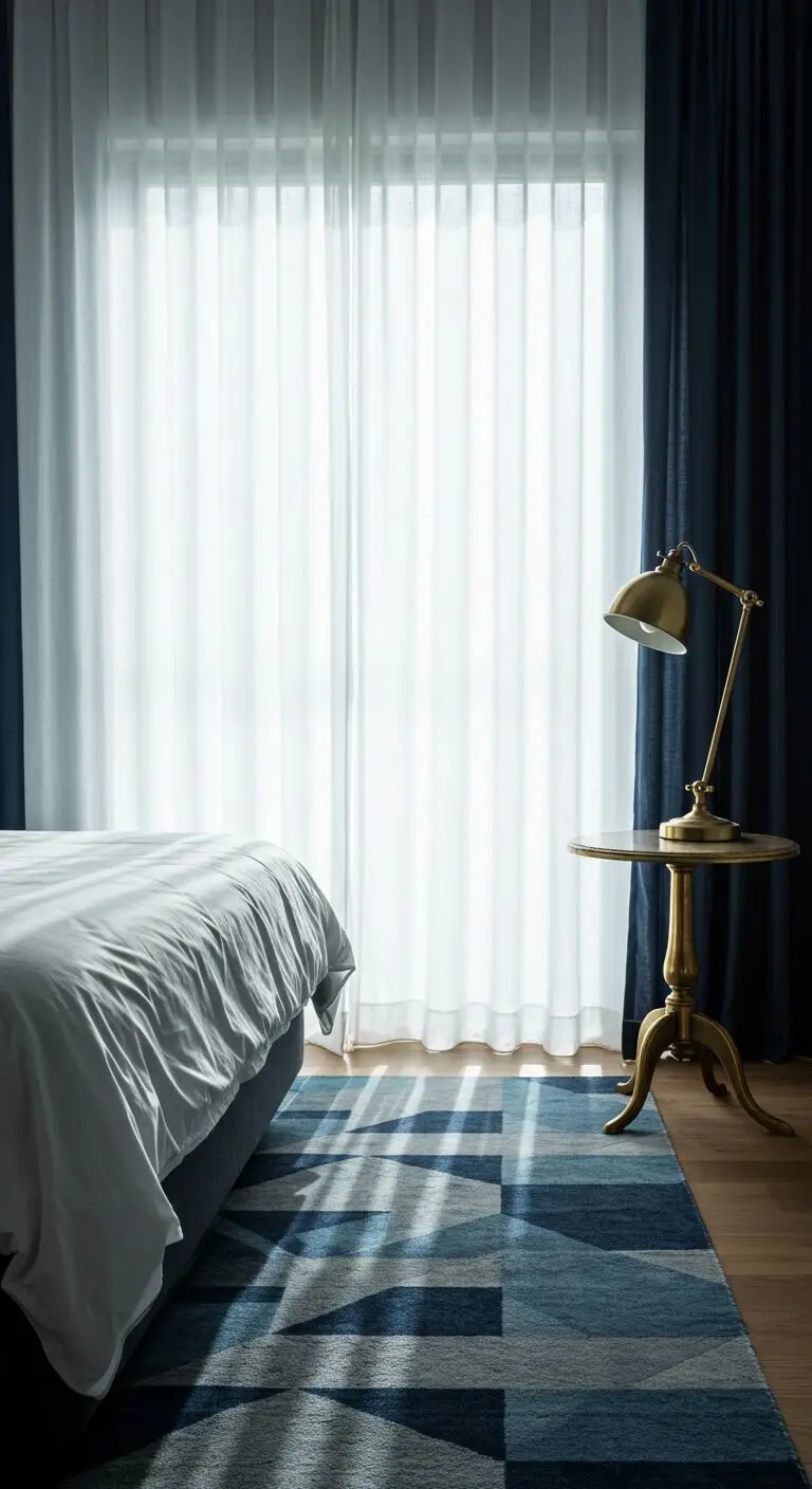 13 Stylish Blue Bedroom Ideas for a Serene Atmosphere 5 Focus on Curtains and Rugs