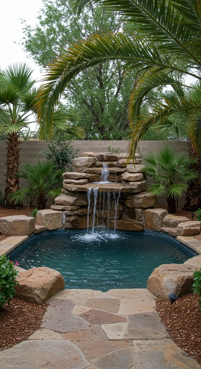 17 Small Backyard Pool Ideas for a Refreshing Escape 6 3. Integrate a Water Feature