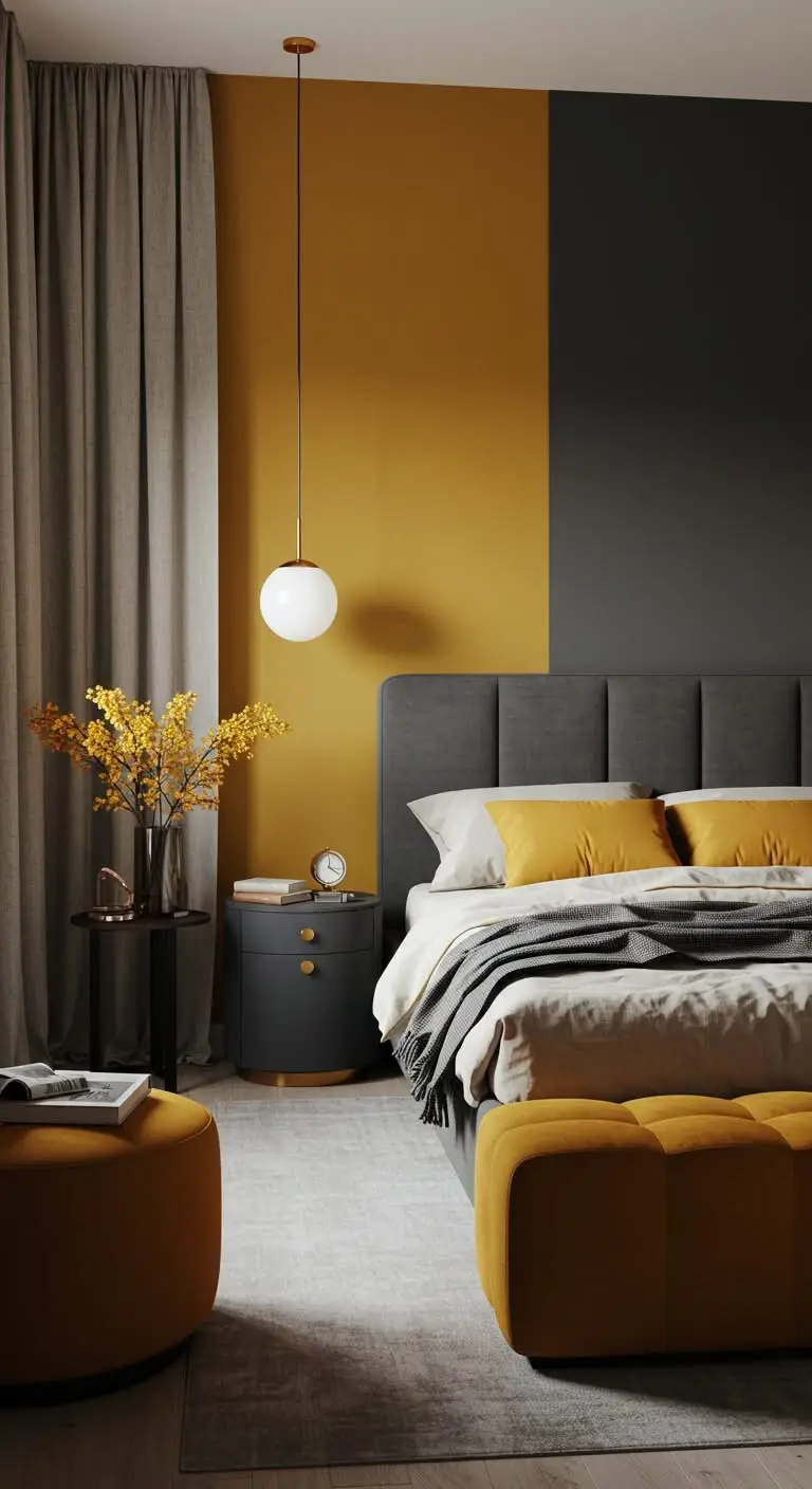 15 Beautiful Bedroom Color Combinations to Try 5 3. Mustard Yellow and Charcoal