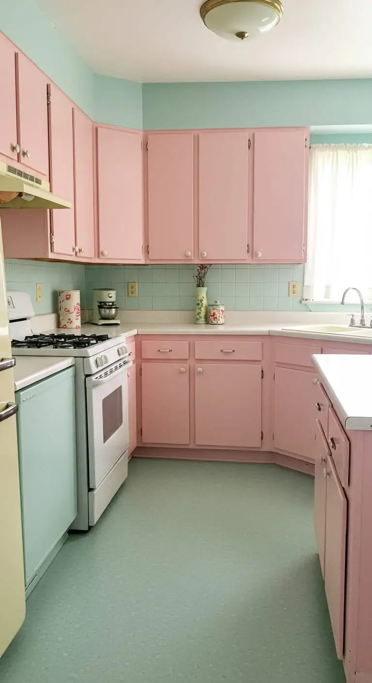 15 Retro Pink Kitchen Ideas for a Vintage Vibe 5 3. Pastel Walls and Floors