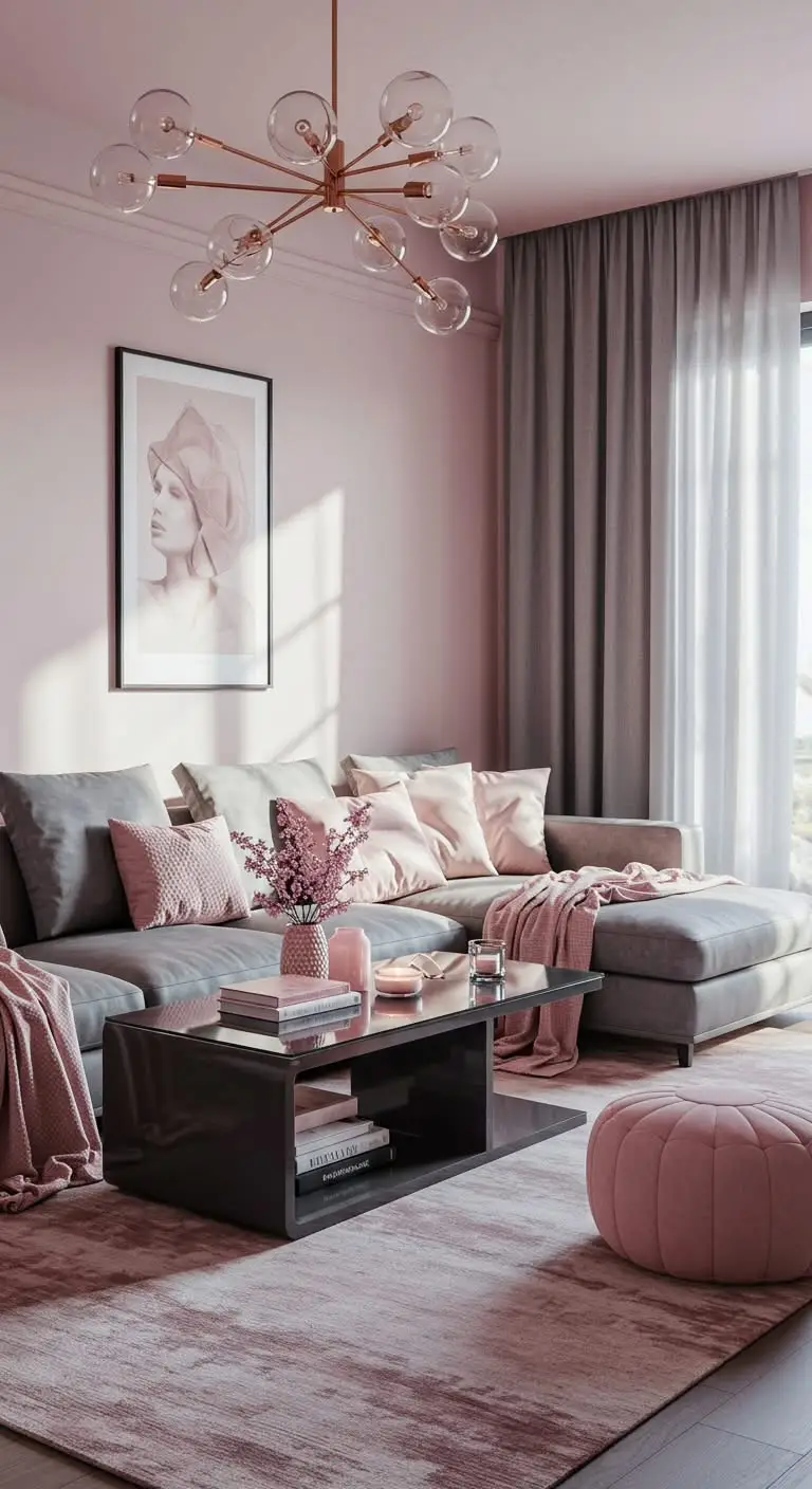 13 Chic Pink Living Room Decor Ideas 5 3. Subtle Pink and Gray Combo