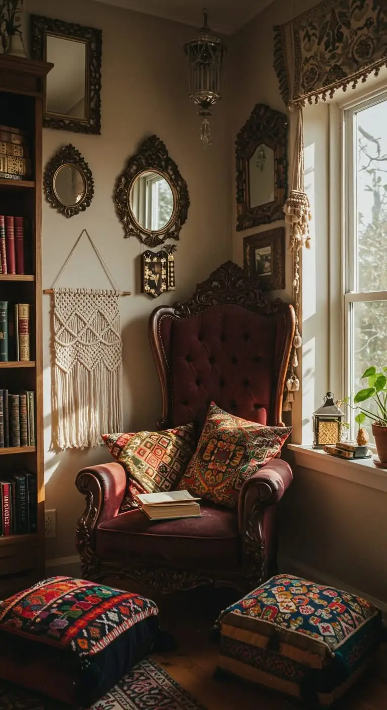 13 Cozy Boho Reading Nook Ideas for Book Lovers 4 3. Vintage Throne Vibes