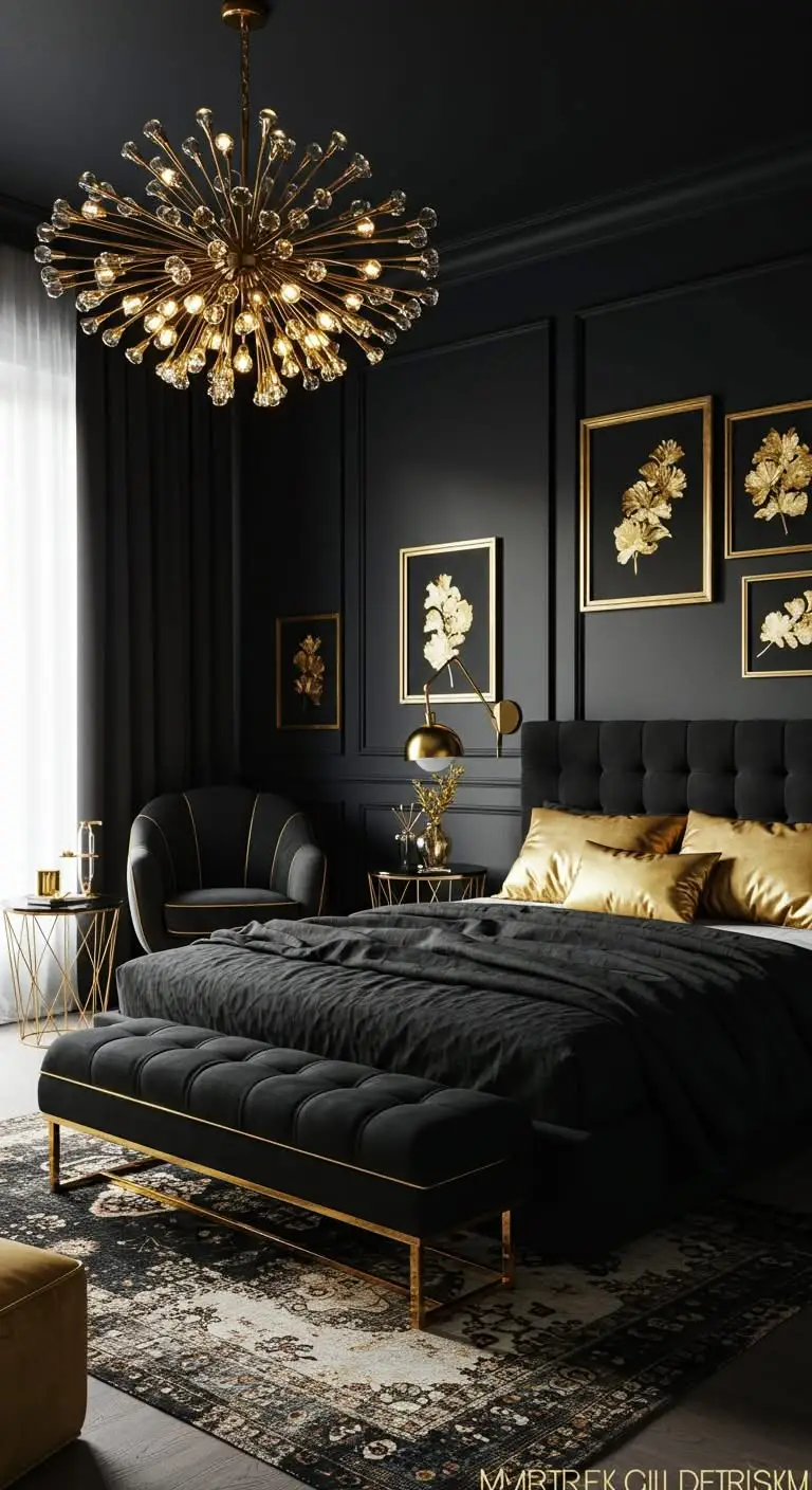 15 Bold and Stylish Black Bedroom Ideas 6 4. Add Gold Accents