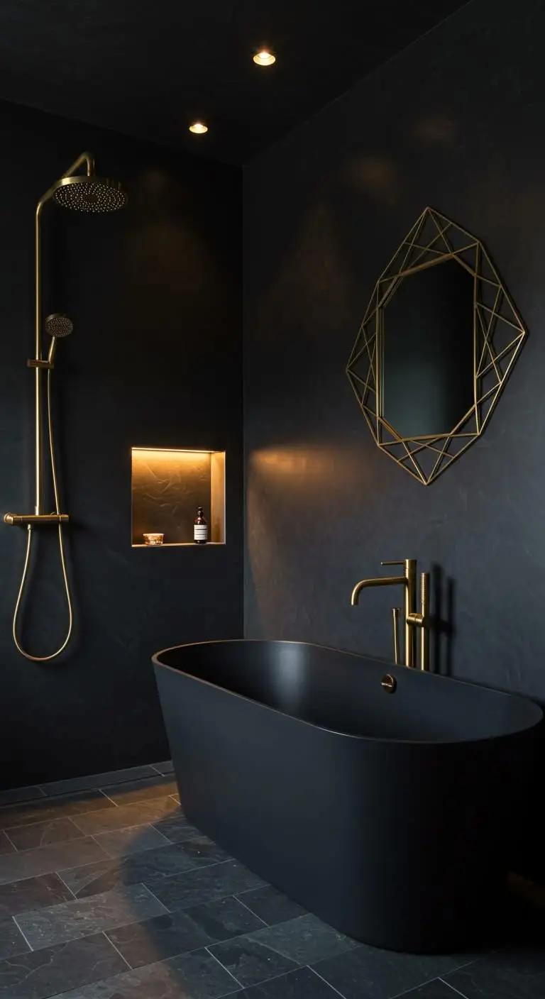 15 Bold Dark Bathroom Ideas for a Dramatic Effect 6 4. Add Metallic Accents