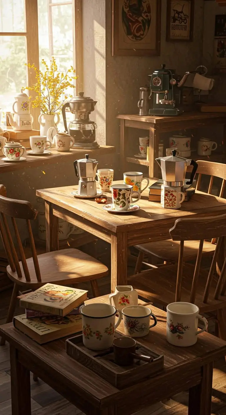 11 Kafe Aesthetic Ideas for a Cozy Coffee Spot 6 4. Add Vintage-Inspired Mugs and Accessories