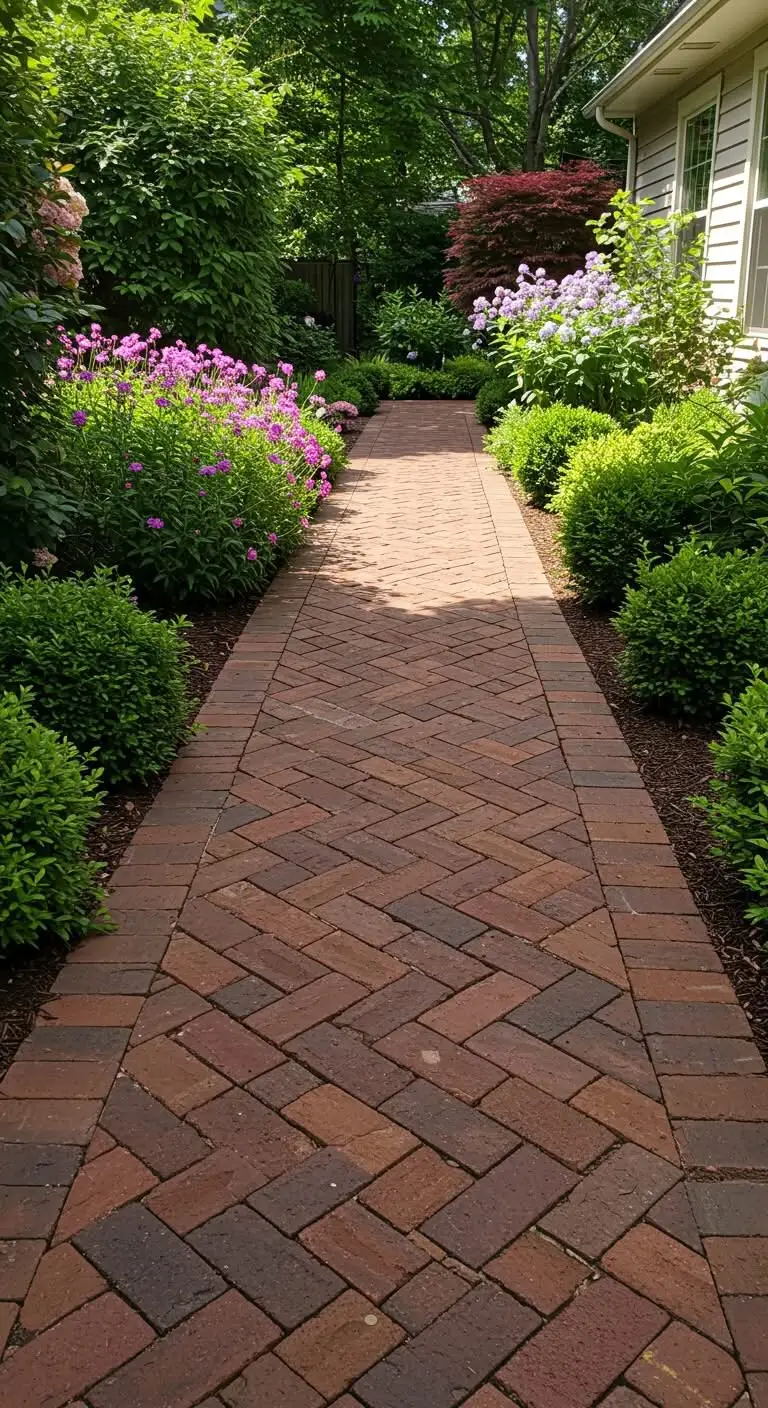11 Stylish Backyard Walkway Ideas to Elevate Your Garden 6 4. Brick Walkway with Patterns