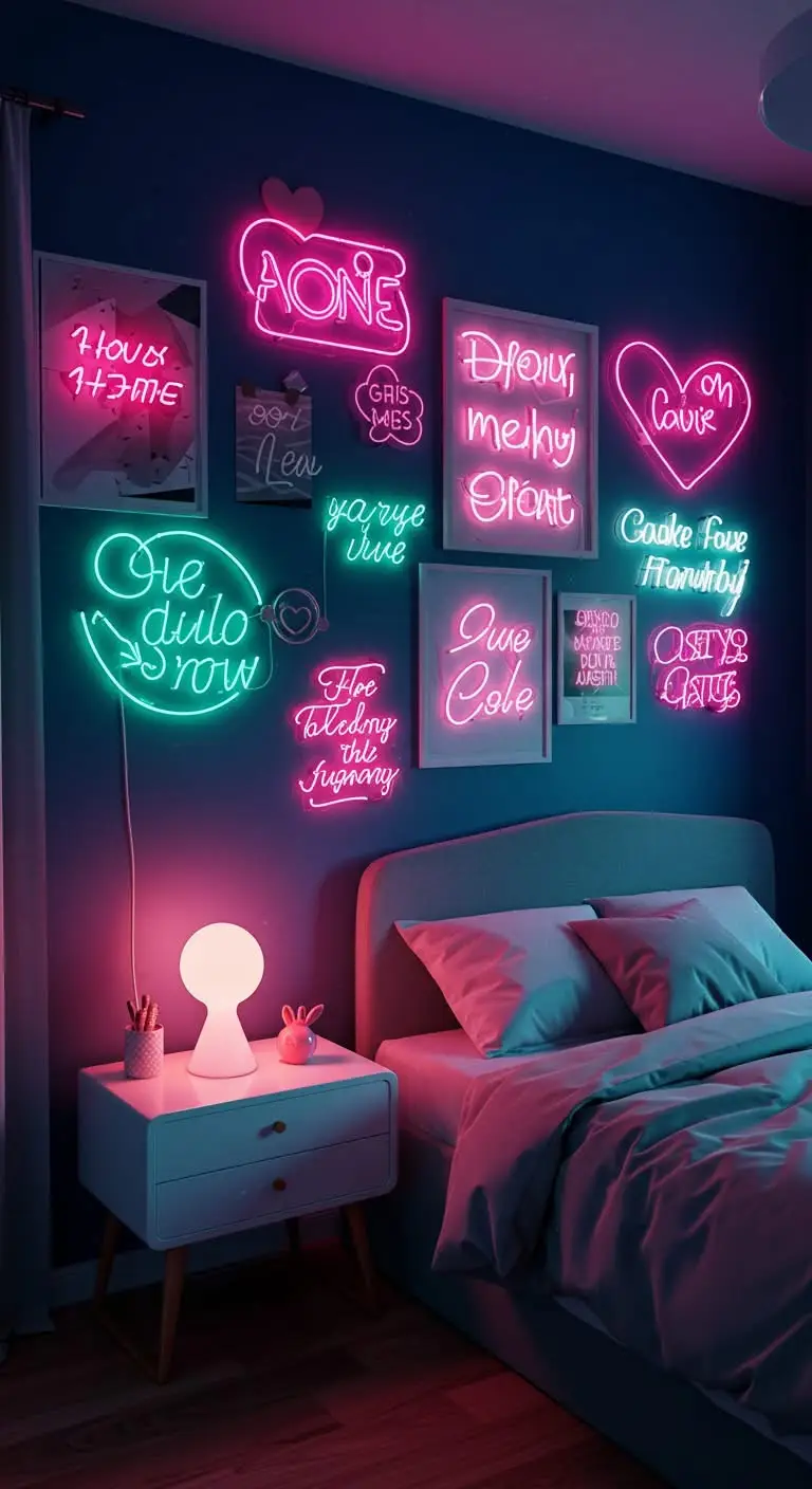 15 Trendy Neon Bedroom Ideas for a Bold Look 6 4. Create a Neon Gallery Wall