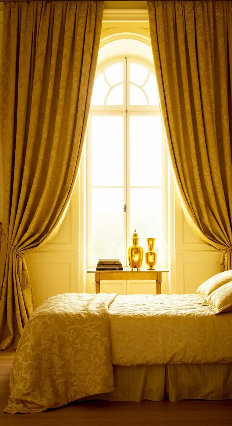 13 Bright and Cheerful Yellow Bedroom Ideas 6 4. Golden Drapes That Frame the Room