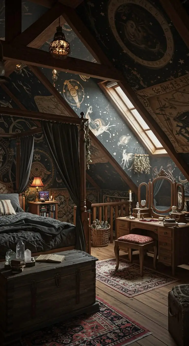 13 Spellbinding Witchy Attic Bedroom Ideas 6 4. Magic-Inspired Wall Decor