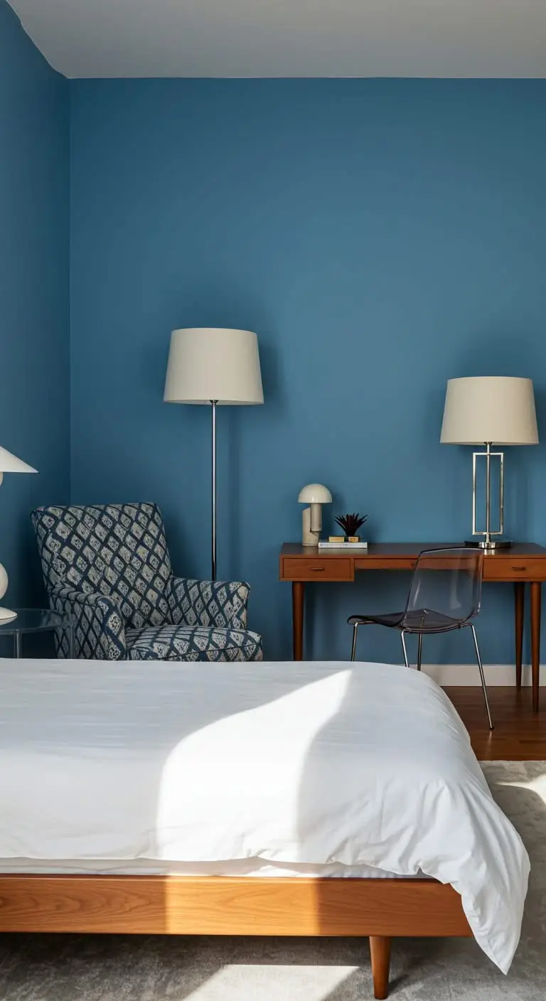 13 Elegant Blue and White Bedroom Ideas 6 4. Mid-Century Modern Twist