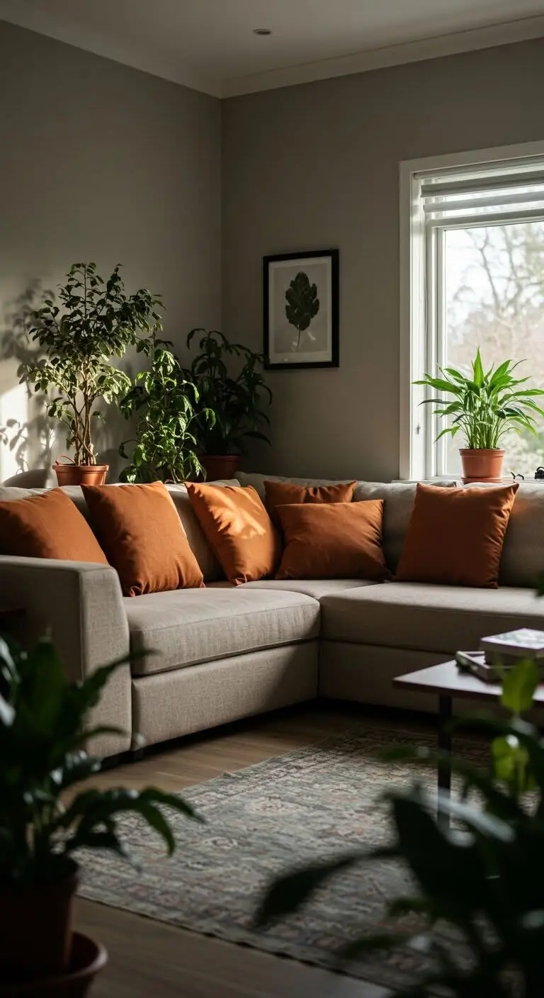 15 Bright and Stylish Orange Living Room Decor Ideas 5 4. Mix Orange With Muted Tones