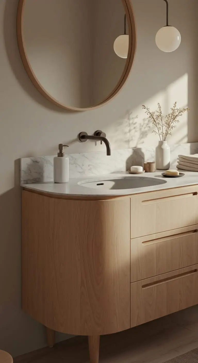 13 Minimalist Japandi Bathroom Vanity Ideas for a Zen Feel 6 4. Rounded Corners for a Soft Aesthetic