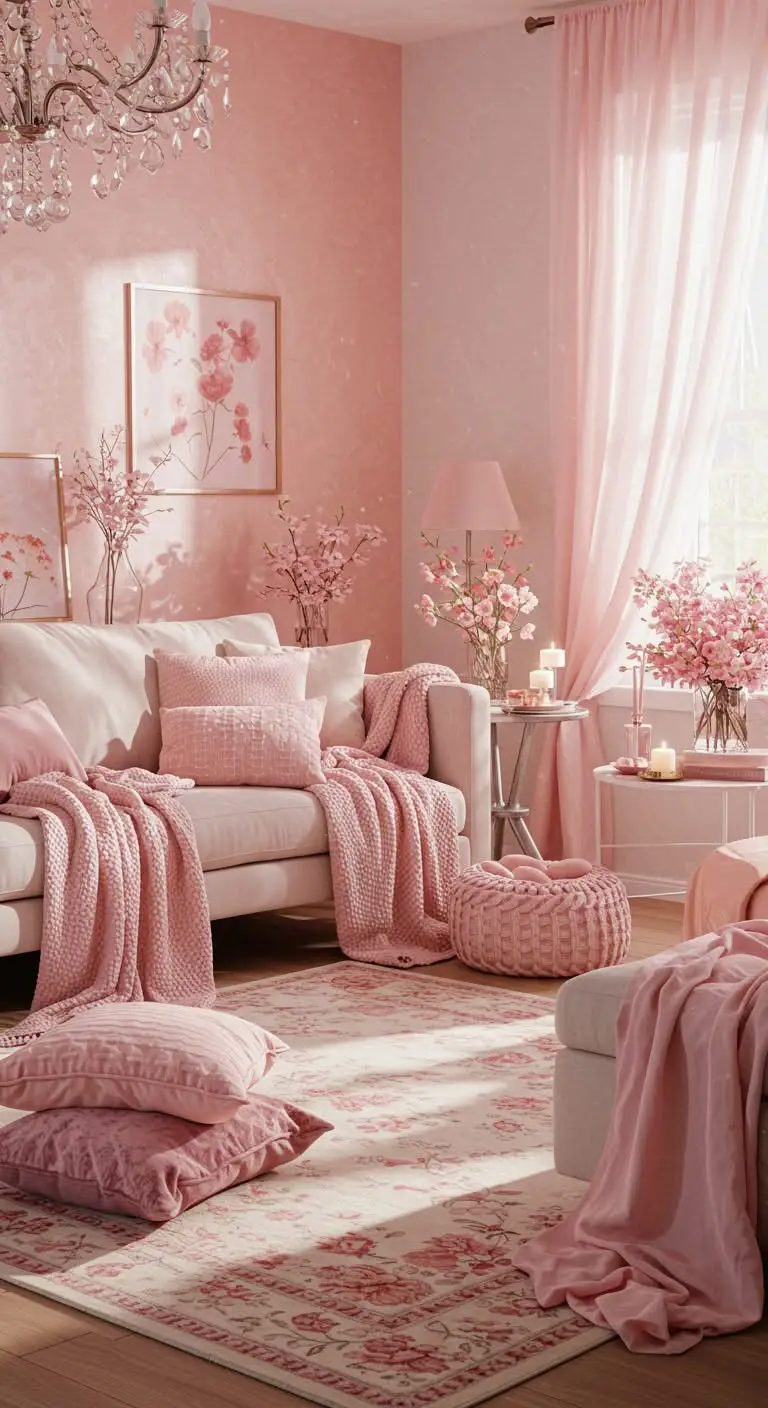 13 Chic Pink Living Room Decor Ideas 6 4. Soft Textiles in Pink