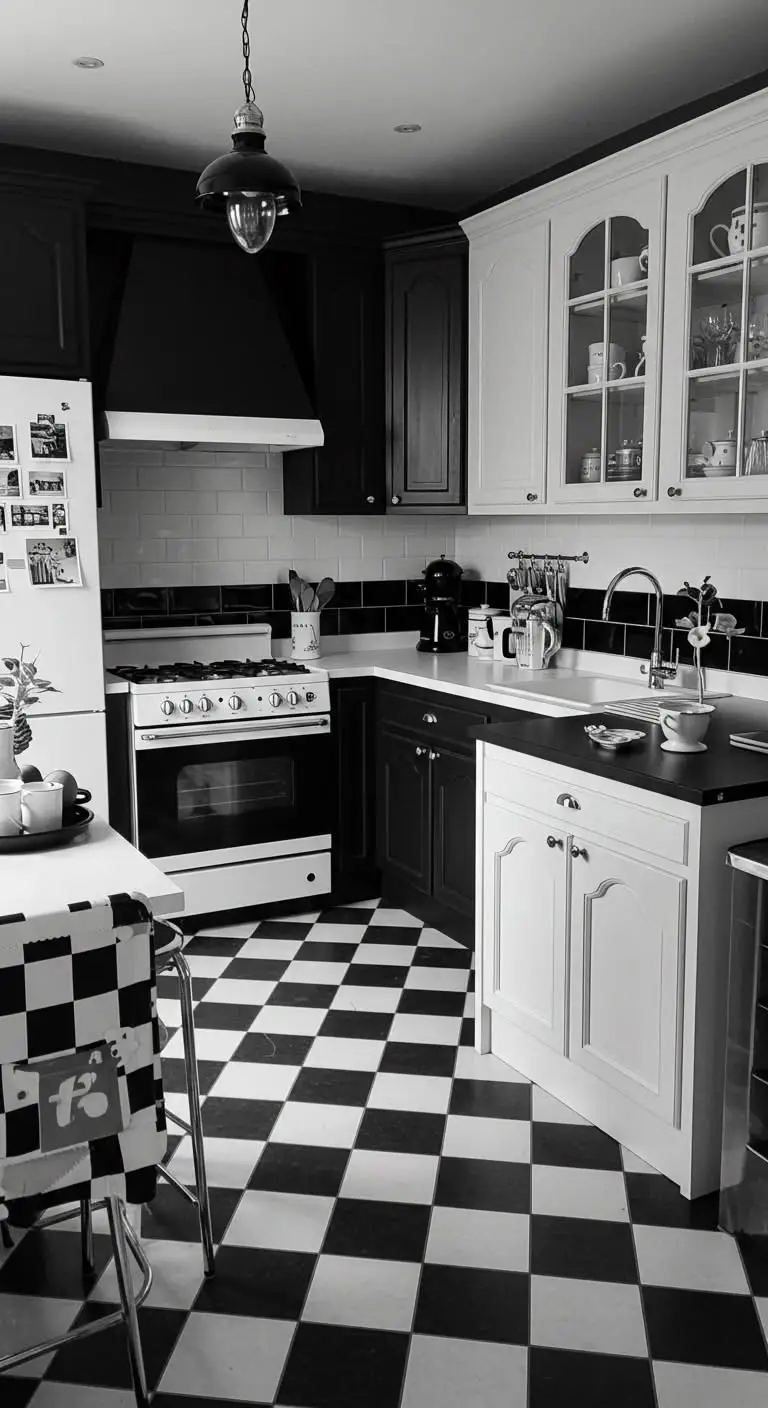 11 Stunning Black and White Kitchen Ideas for a Classic Look 9 5. Blend Retro Charm with Black and White Patterns