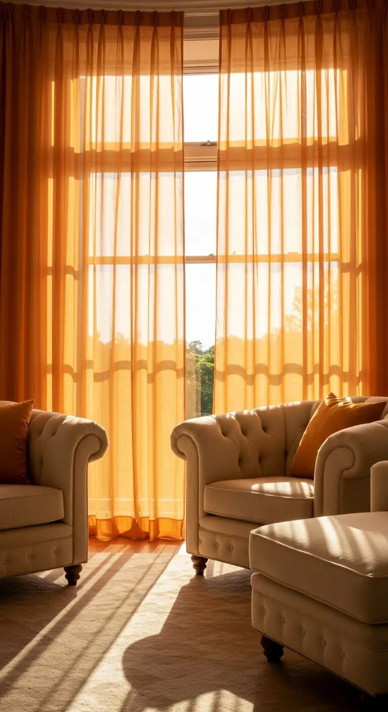 15 Bright and Stylish Orange Living Room Decor Ideas 6 5. Experiment With Orange Curtains