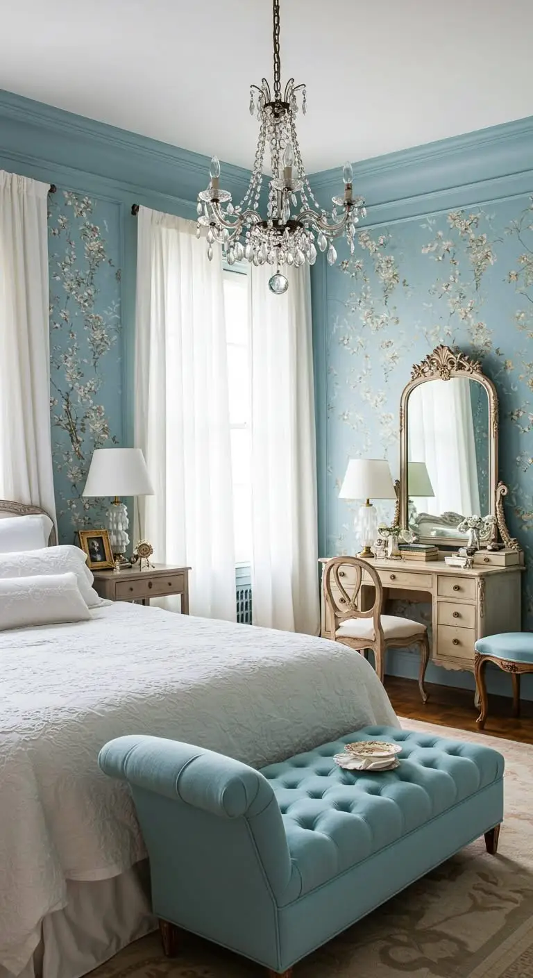 13 Elegant Blue and White Bedroom Ideas 7 5. French-Inspired Chic