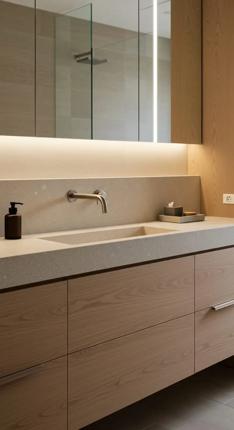 13 Minimalist Japandi Bathroom Vanity Ideas for a Zen Feel 7 5. Neutral Stone Vanity Top