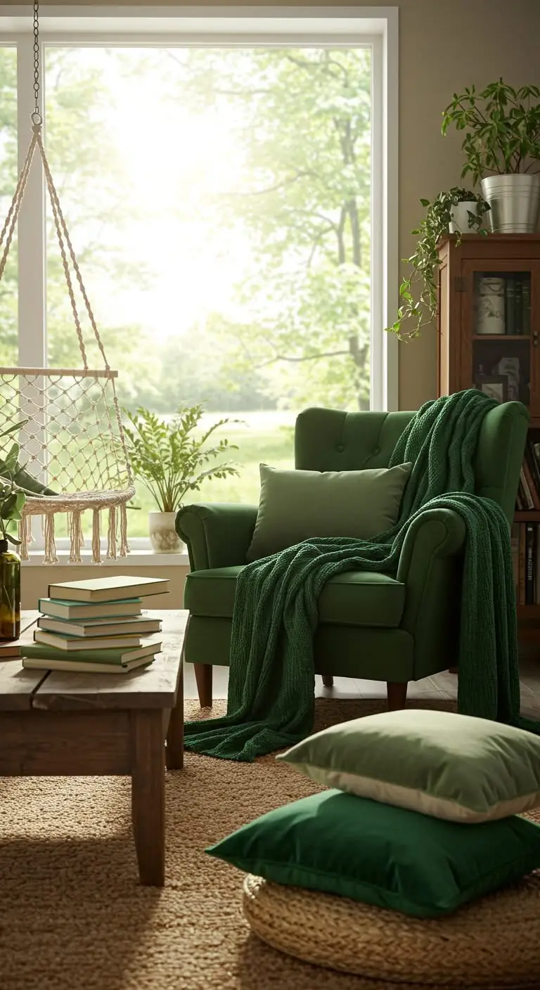 13 Cozy Boho Reading Nook Ideas for Book Lovers 7 6. All About the Greens