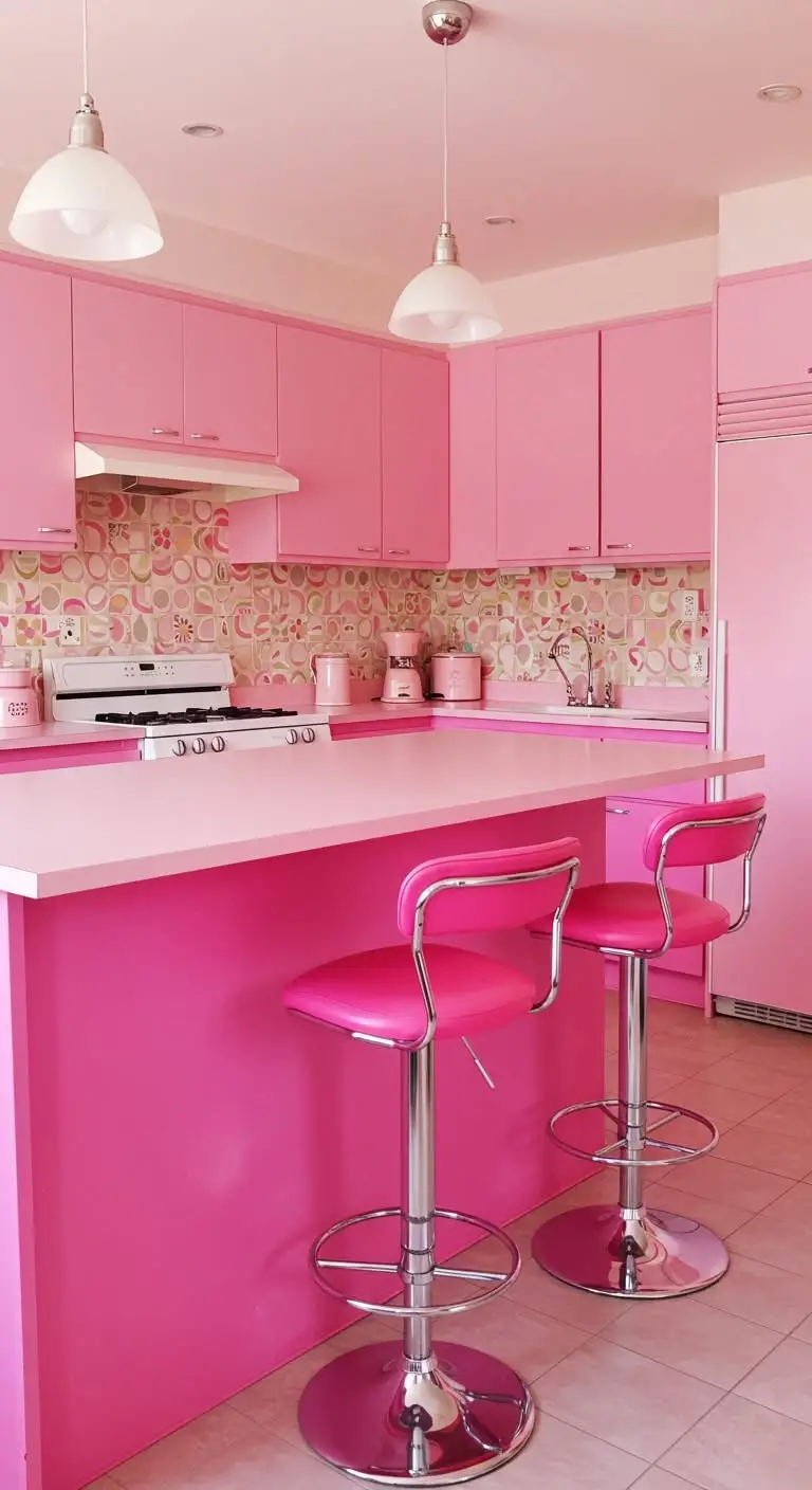 15 Retro Pink Kitchen Ideas for a Vintage Vibe 8 6. Bold Statement Pink Barstools