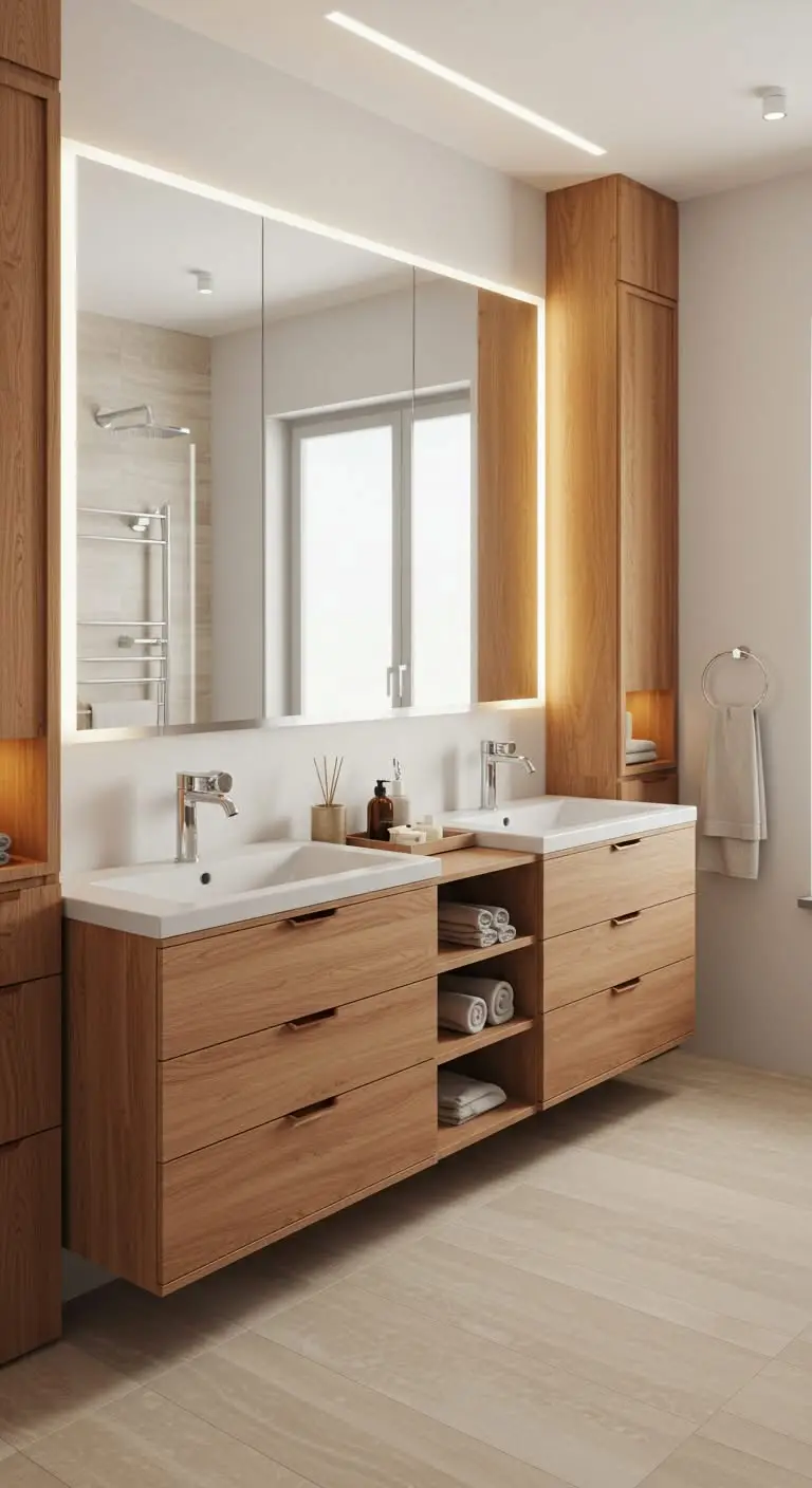 13 Minimalist Japandi Bathroom Vanity Ideas for a Zen Feel 8 6. Double Vanity for Shared Serenity