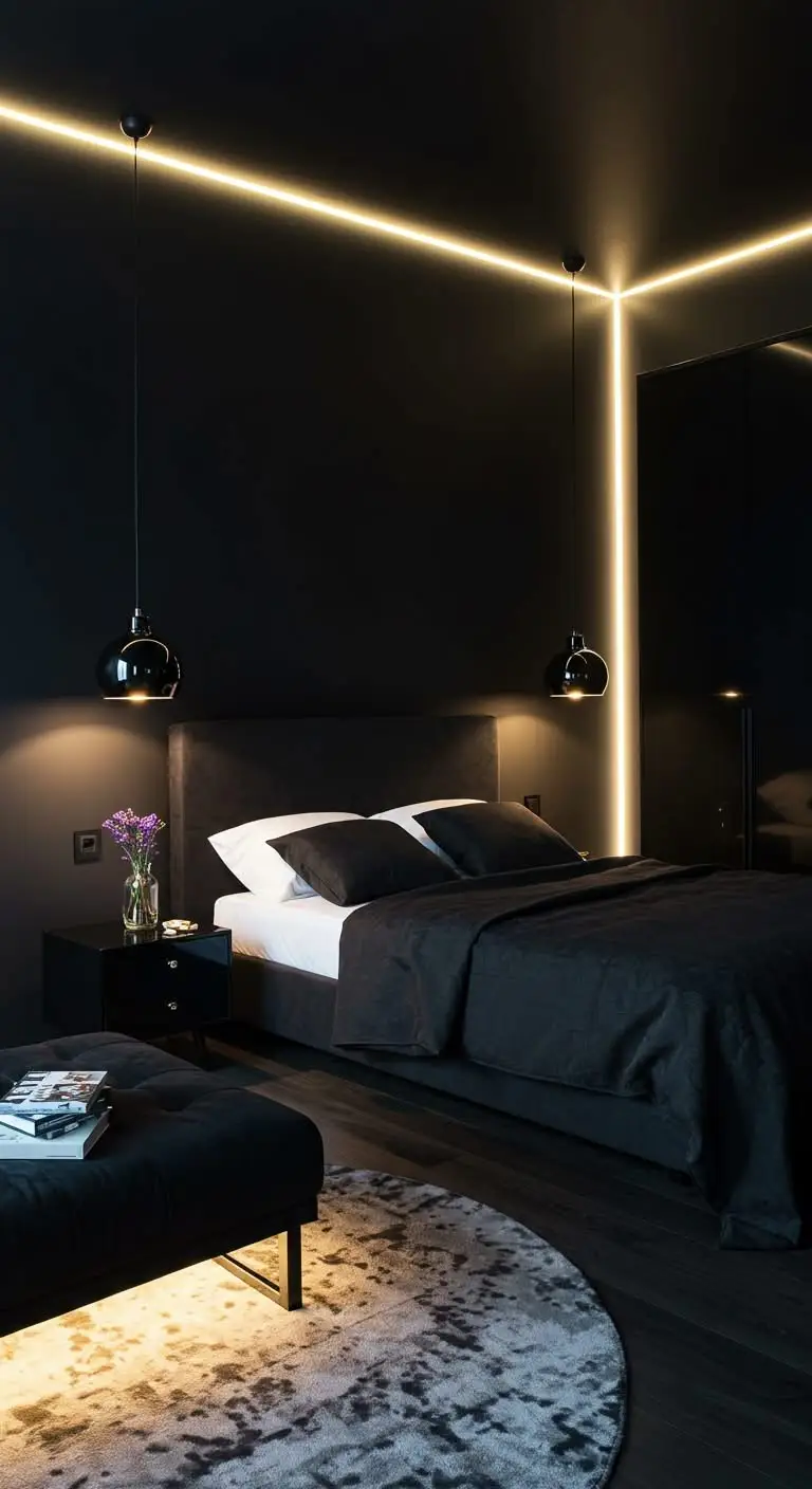 15 Bold and Stylish Black Bedroom Ideas 8 6. Get Creative With Lighting