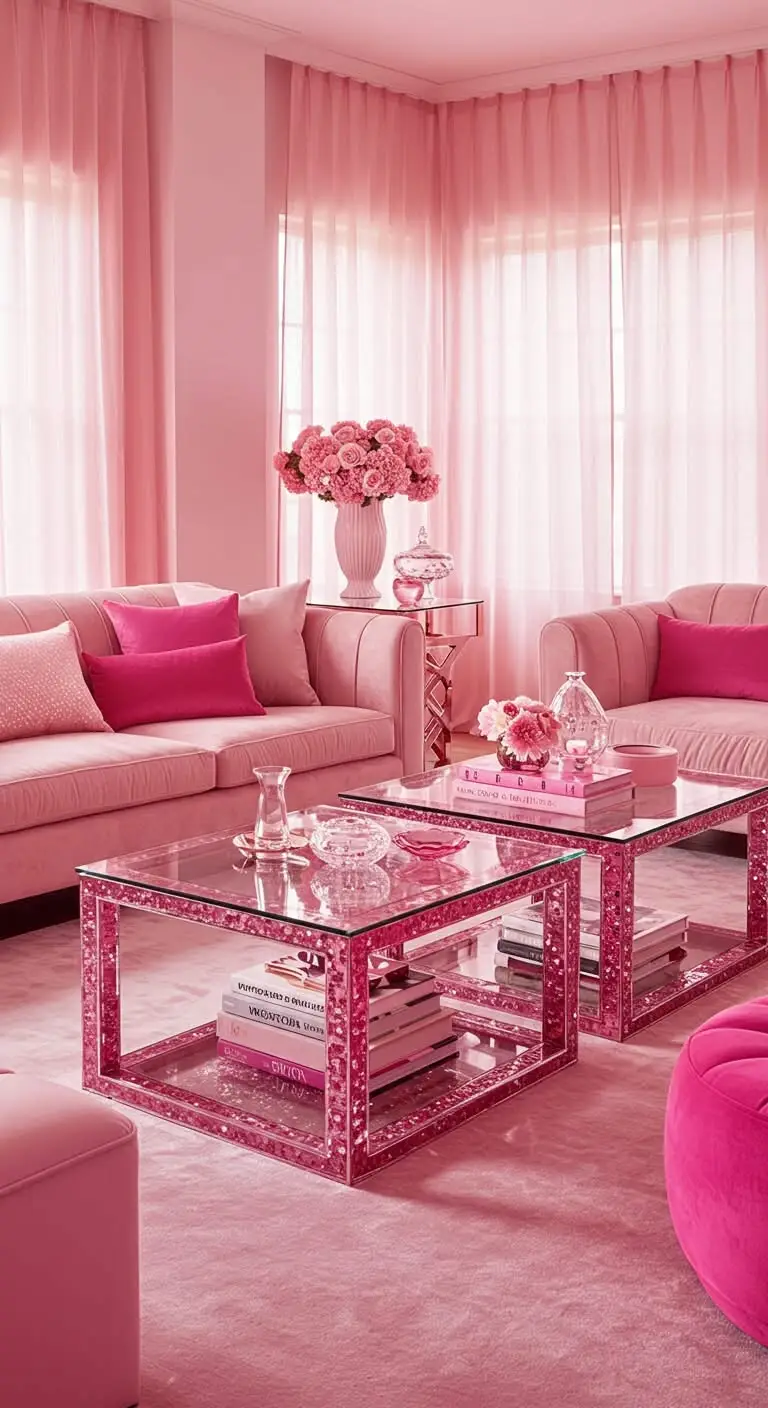13 Chic Pink Living Room Decor Ideas 8 6. Glam Pink and Glass Coffee Tables
