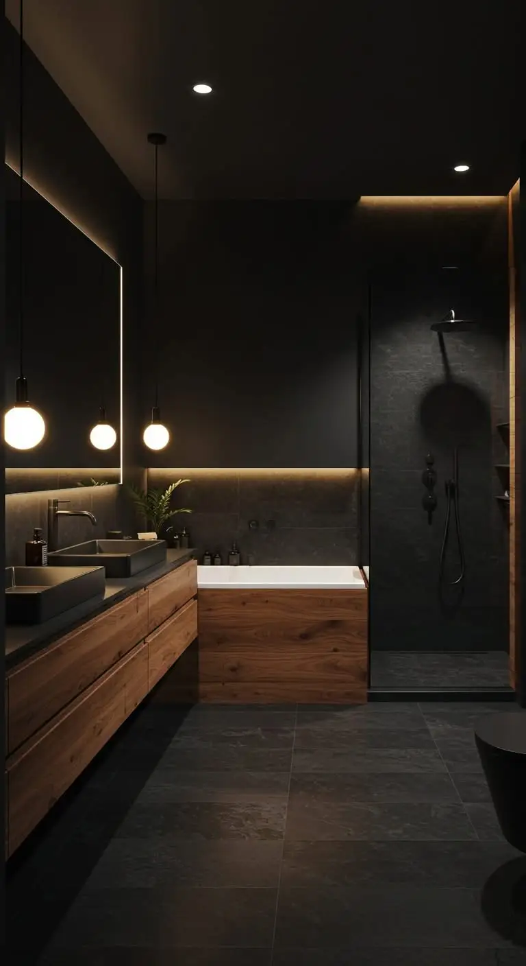 15 Bold Dark Bathroom Ideas for a Dramatic Effect 8 6. Go Natural with Wood Elements