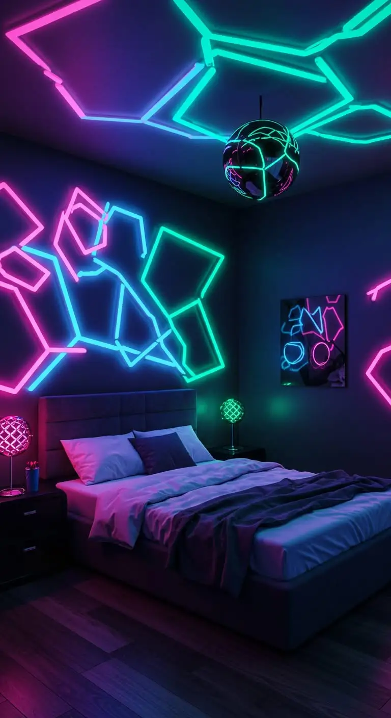 15 Trendy Neon Bedroom Ideas for a Bold Look 8 6. Shape Lighting with Creative Fixtures