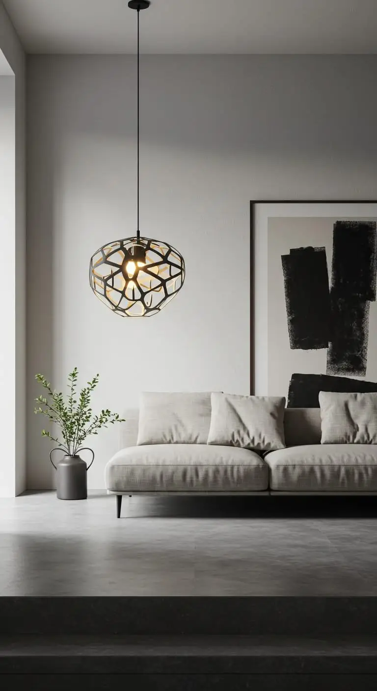 15 Stylish Minimalist Living Room Ideas 8 6. Statement Lighting